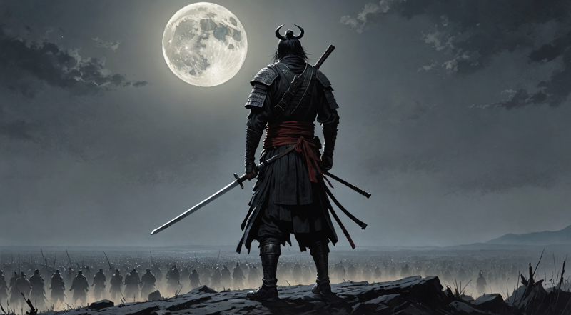 31073520-2084045053-epic fantasy, painting by greg rutkowski, night, samurai standing on a battlefield looking at the moon, detailed composition, by.png